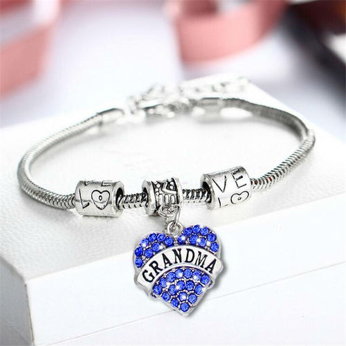 Grandma Crystal Heart Pendant Charm Bracelet 